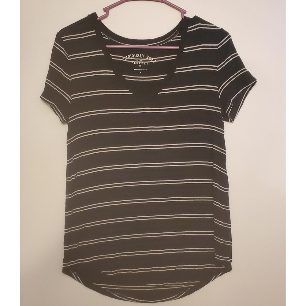 Aeropostale Seriously Soft Striped V-Neck Tee Womens Size Medium Black White
